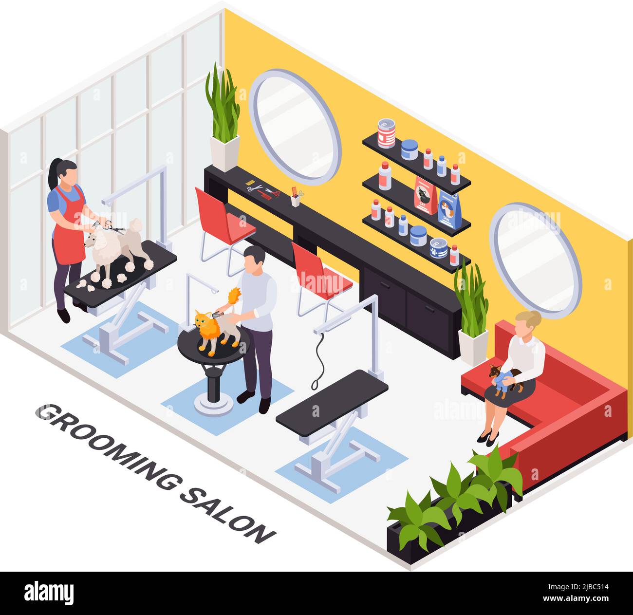 Pet trimming nail clipping services booking online isometric modern salon interior with stylists