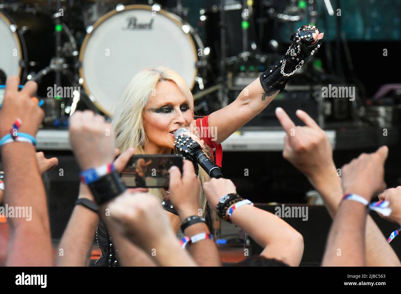 Pilsen, Czech Republic. 04th June, 2022. The legendary German heavy metal singer Doro Pesch with her band perform within the Metalfest Open Air festival in Pilsen today, on Saturday, June 4, 2022. Credit: Miroslav Chaloupka/CTK Photo/Alamy Live News Stock Photo