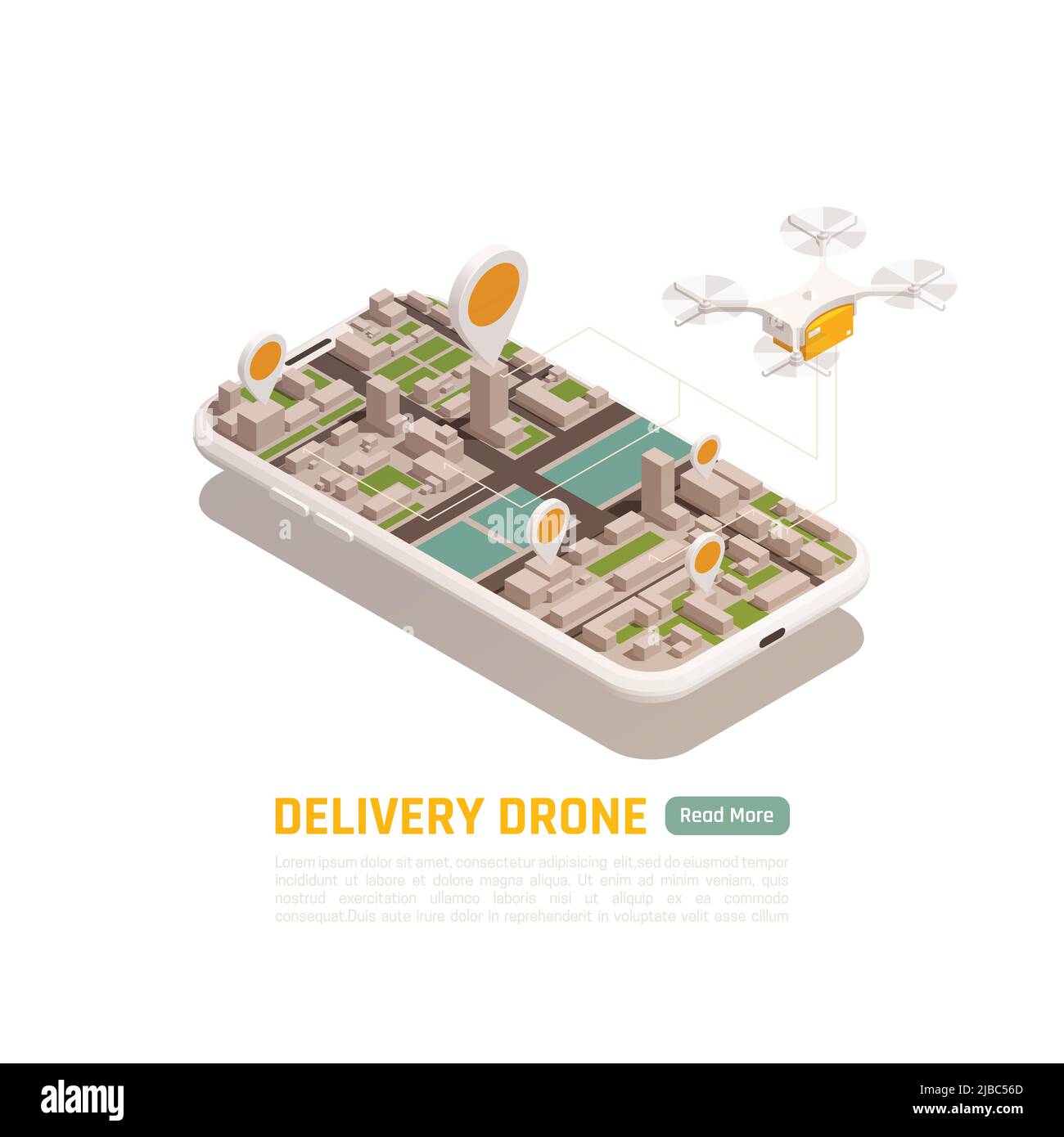 Drones quadrocopters isometric  background with conceptual images of city buildings inside smartphone frame with flying quadcopter vector illustration Stock Vector