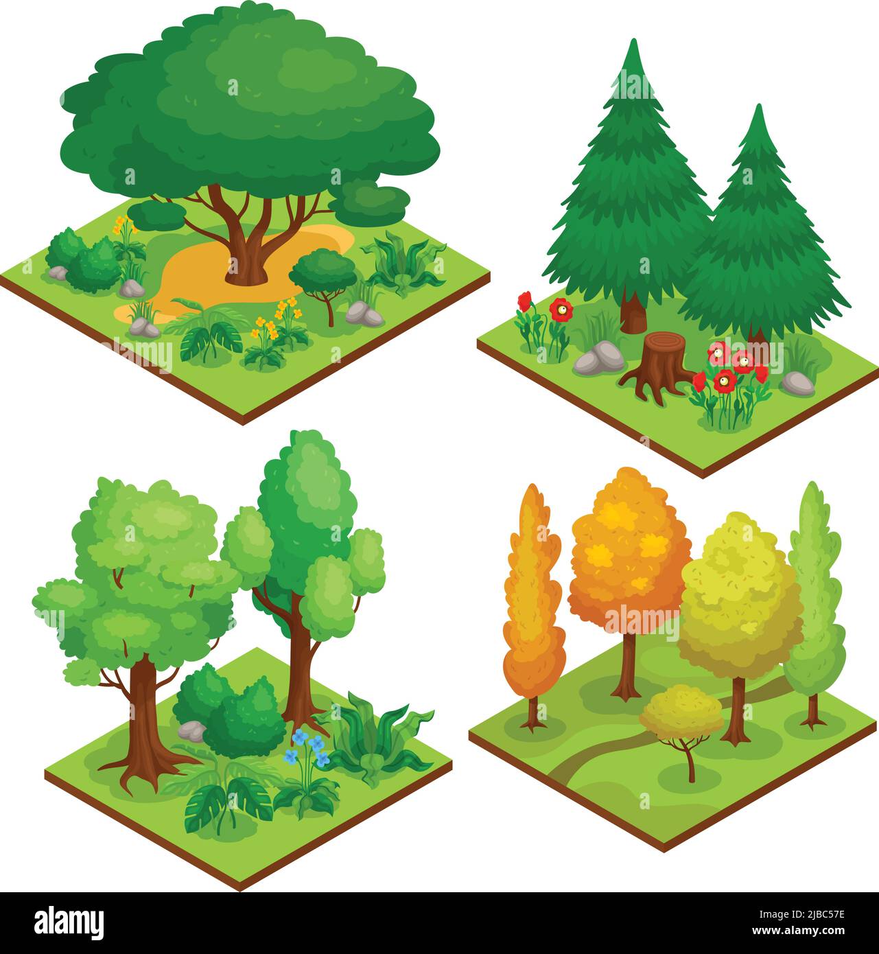 Park element compositions set with autumn and summer trees isometric ...