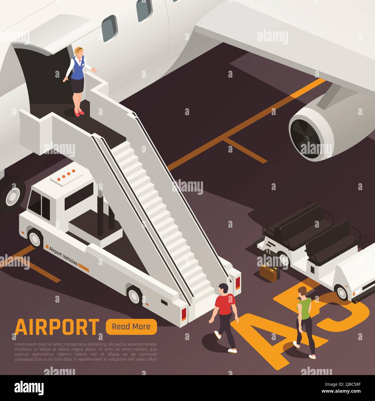 Airport isometric background with composition of aircraft airstairs truck and people with clickable button and text vector illustration Stock Vector