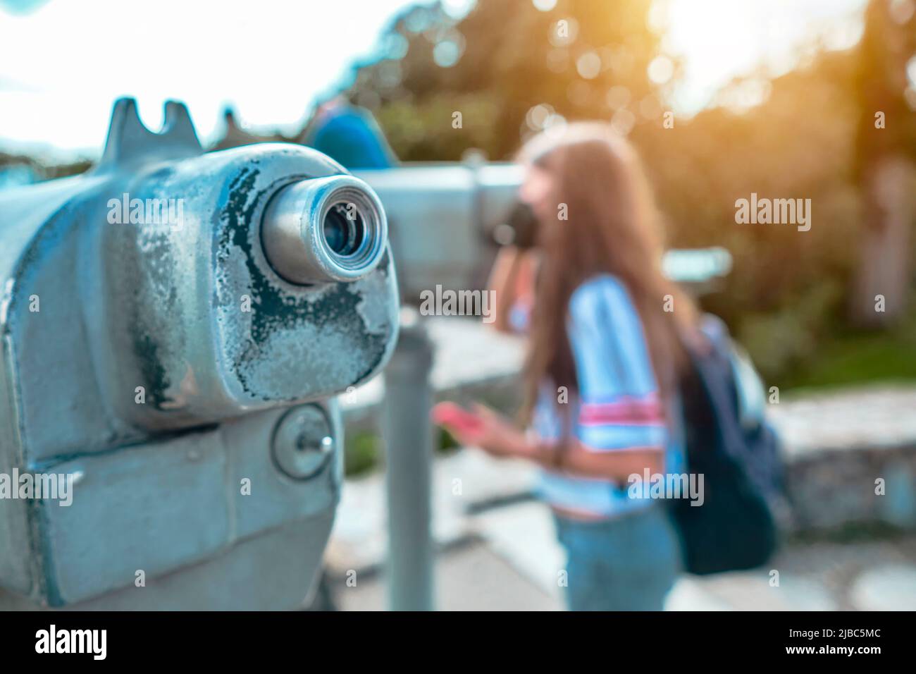 Telescope and blurred city on background. Observation point in the Avila, Caracas. Landscape concept Stock Photo