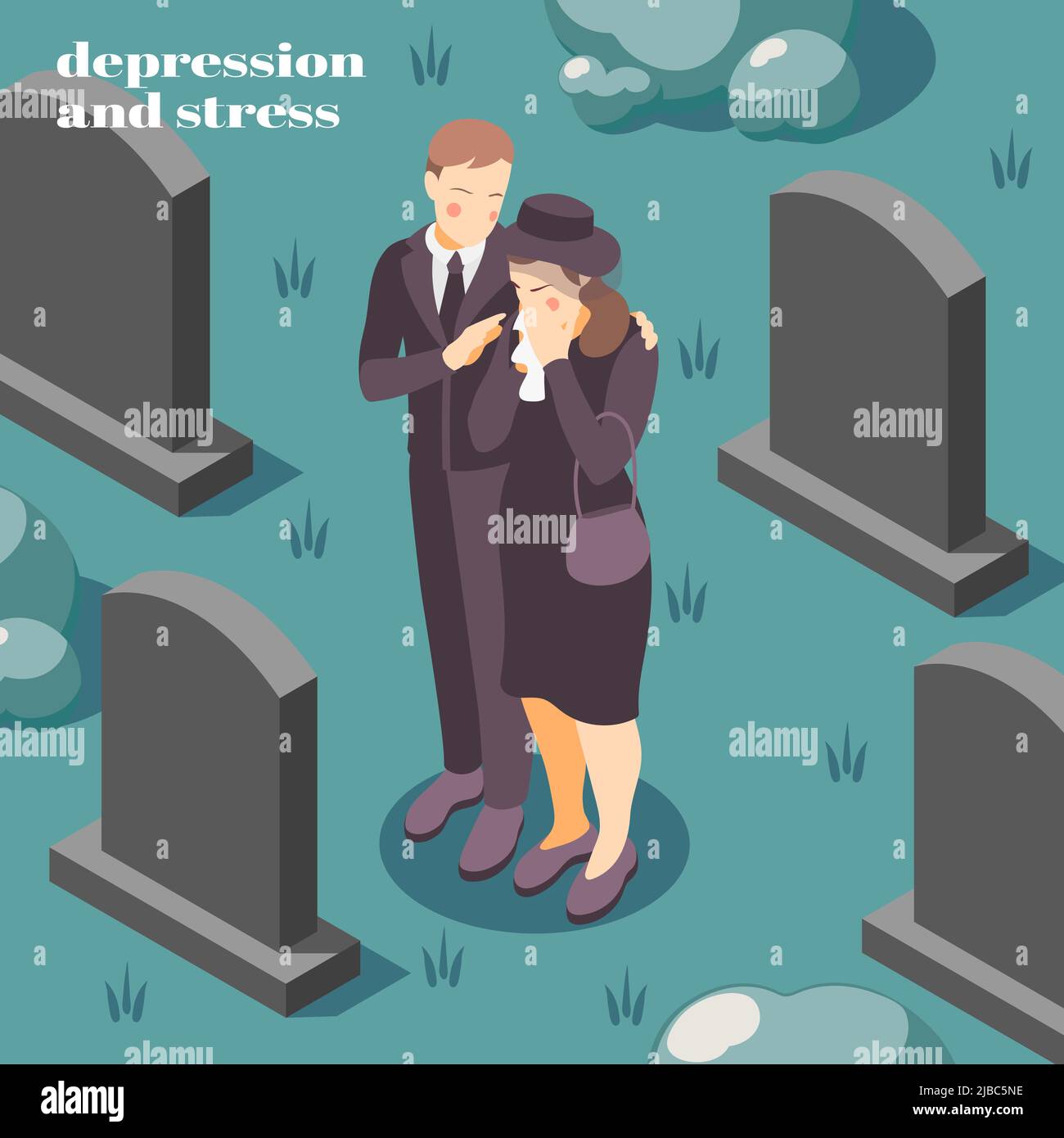 Mental health depression stress isometric composition on coping with grief loss death of loved one vector illustration Stock Vector