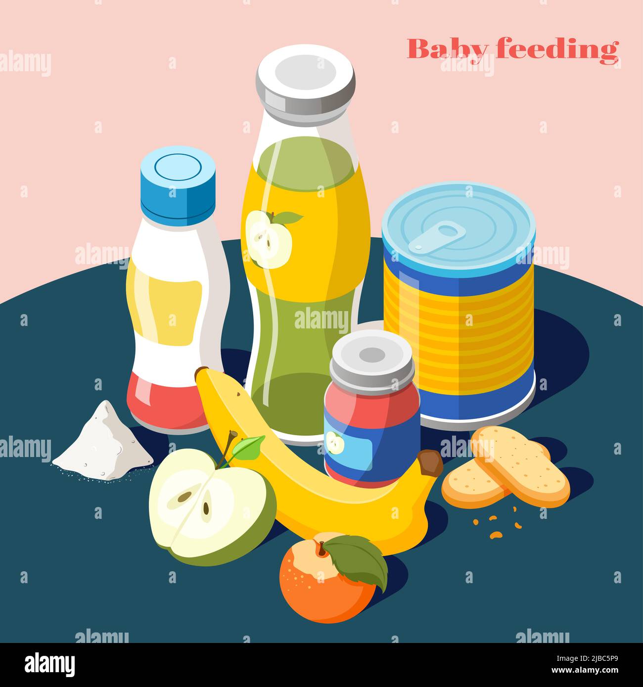Baby feeding products for infants kids isometric advertising composition with milk powder fruit juice bottle vector illustration Stock Vector