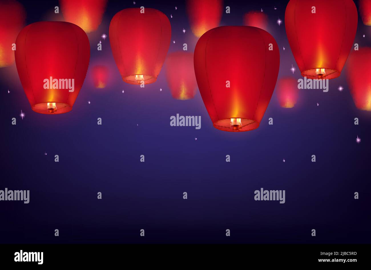 Sky lanterns background with dark sky gradient with stars and realistic