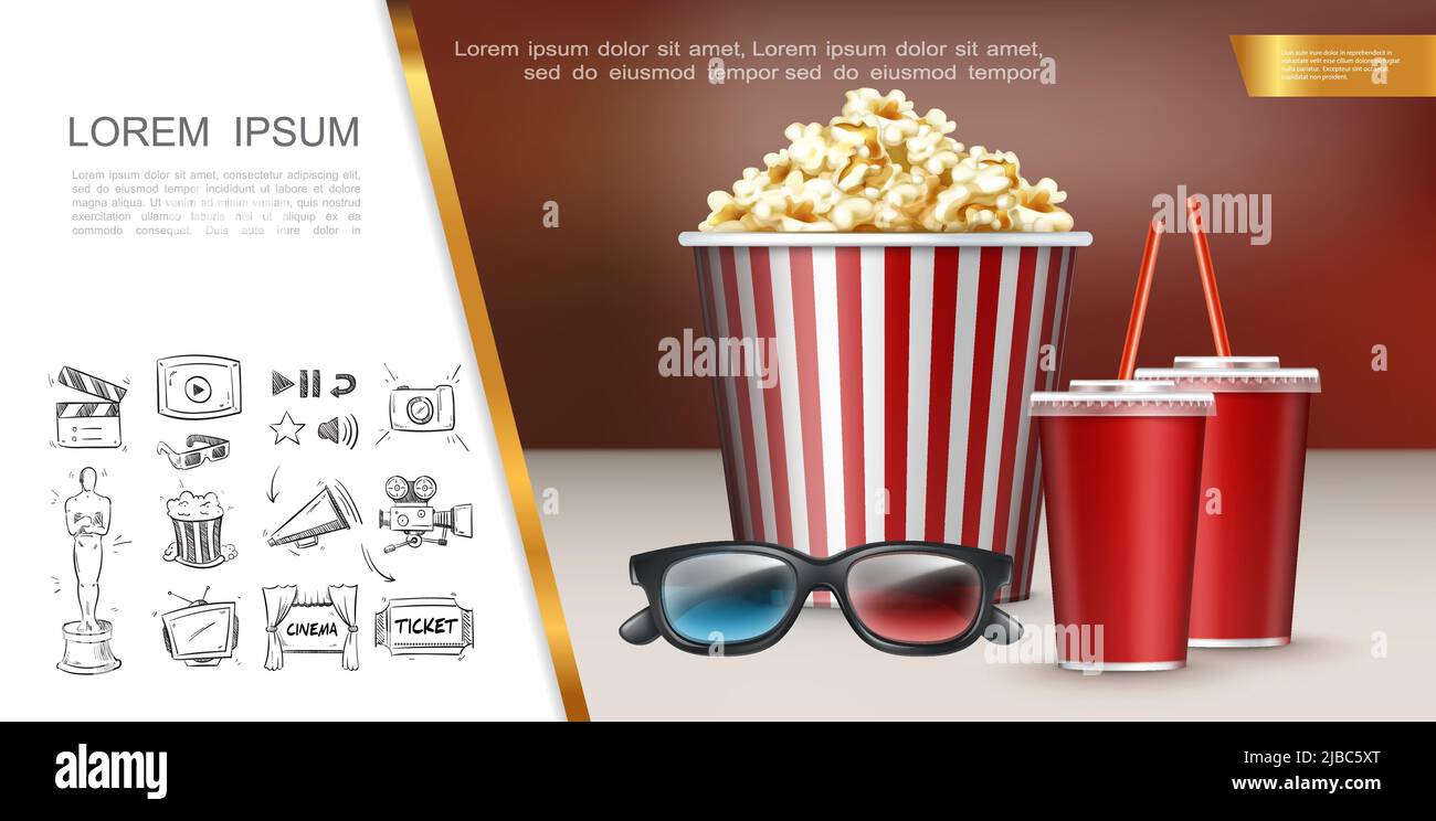Colorful cinema concept with realistic 3d glasses soda cups striped bucket of popcorn and hand drawn movie theater icons vector illustration Stock Vector