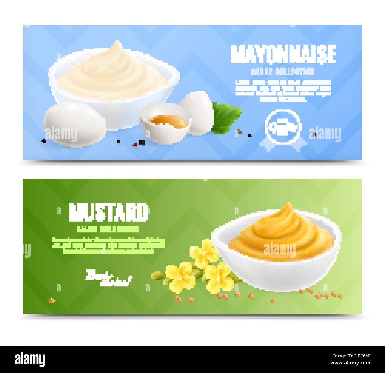 Two horizontal mustard realistic banner set with mayonnaise and mustard