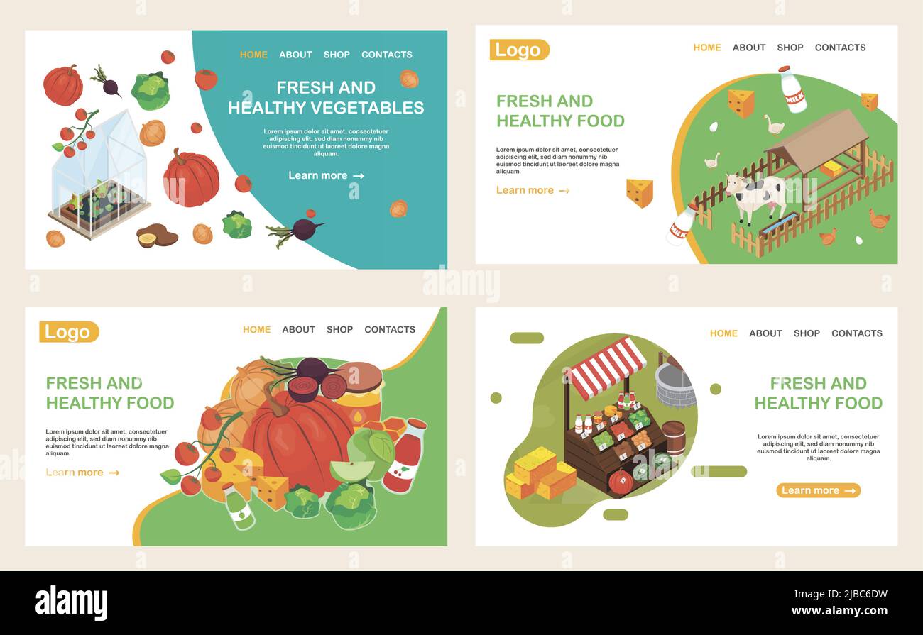 Organic food web isometric web site landing pages set with isometric images clickable links and text vector illustration Stock Vector