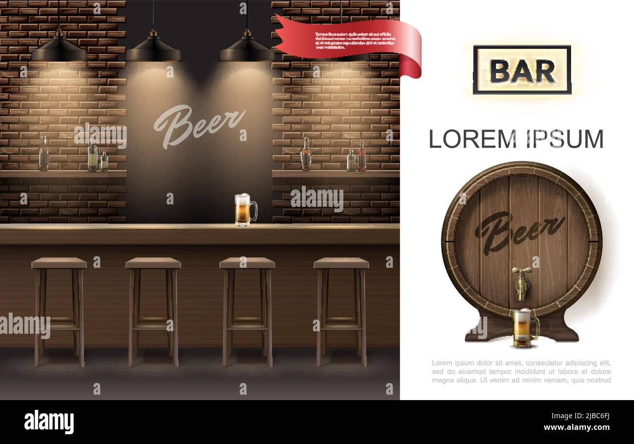 Realistic tavern interior concept with bar stools hanging shining lamps