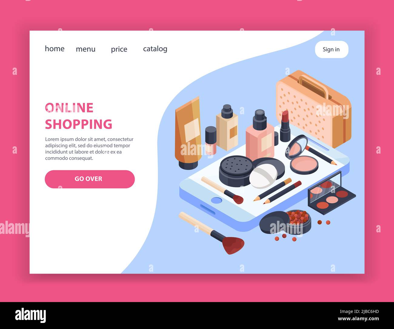 Cosmetics shopping page design with price and catalog symbols isometric vector illustration