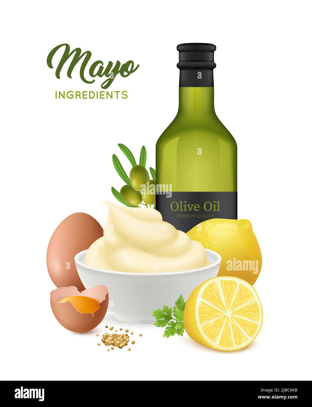 Realistic mayonnaise composition with editable ornate text and images of eggs lemons and olive oil bottle vector illustration Stock Vector