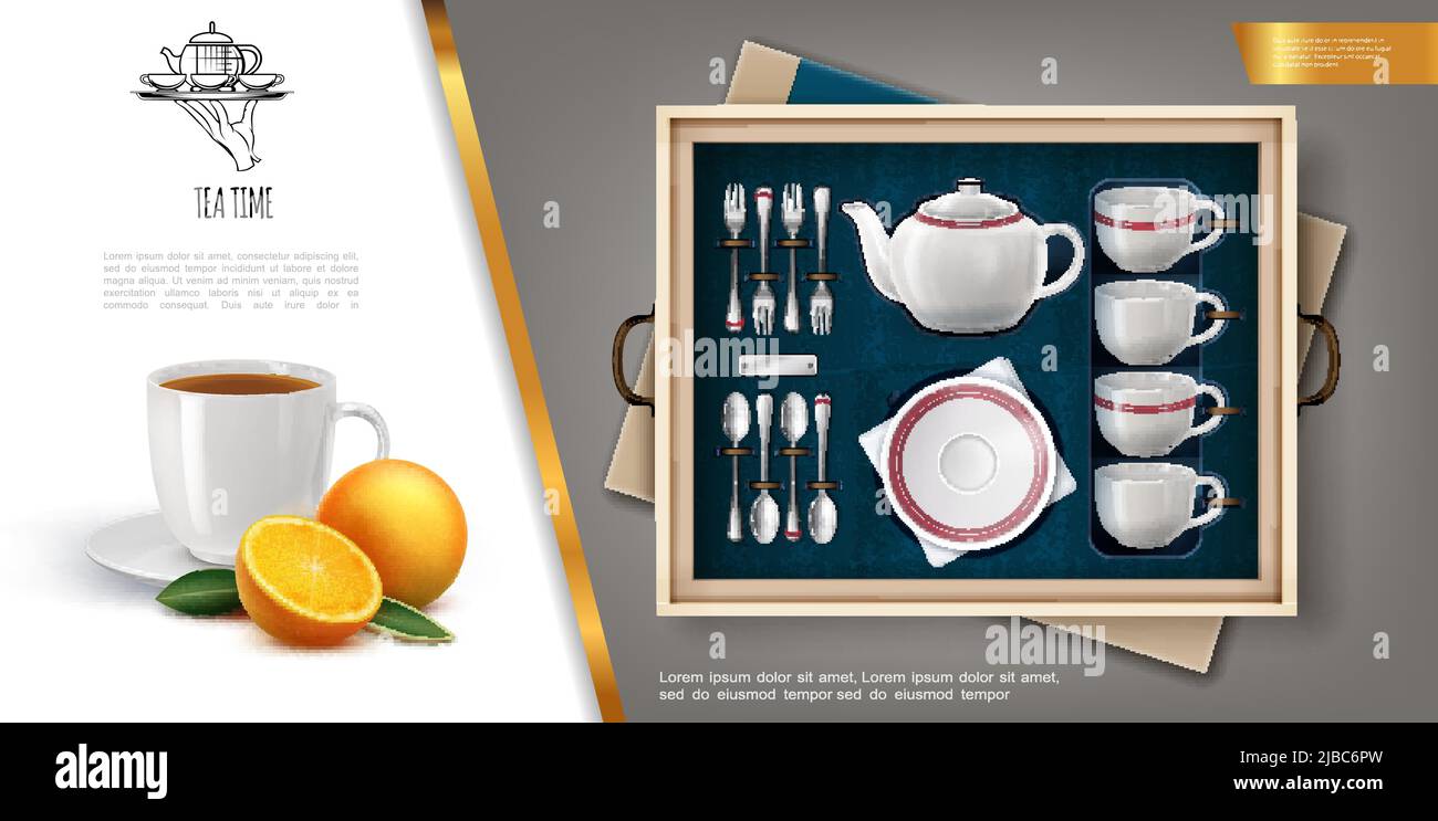 Realistic gift tea set concept with porcelain teapot cups plate silver cutlery ripe orange and