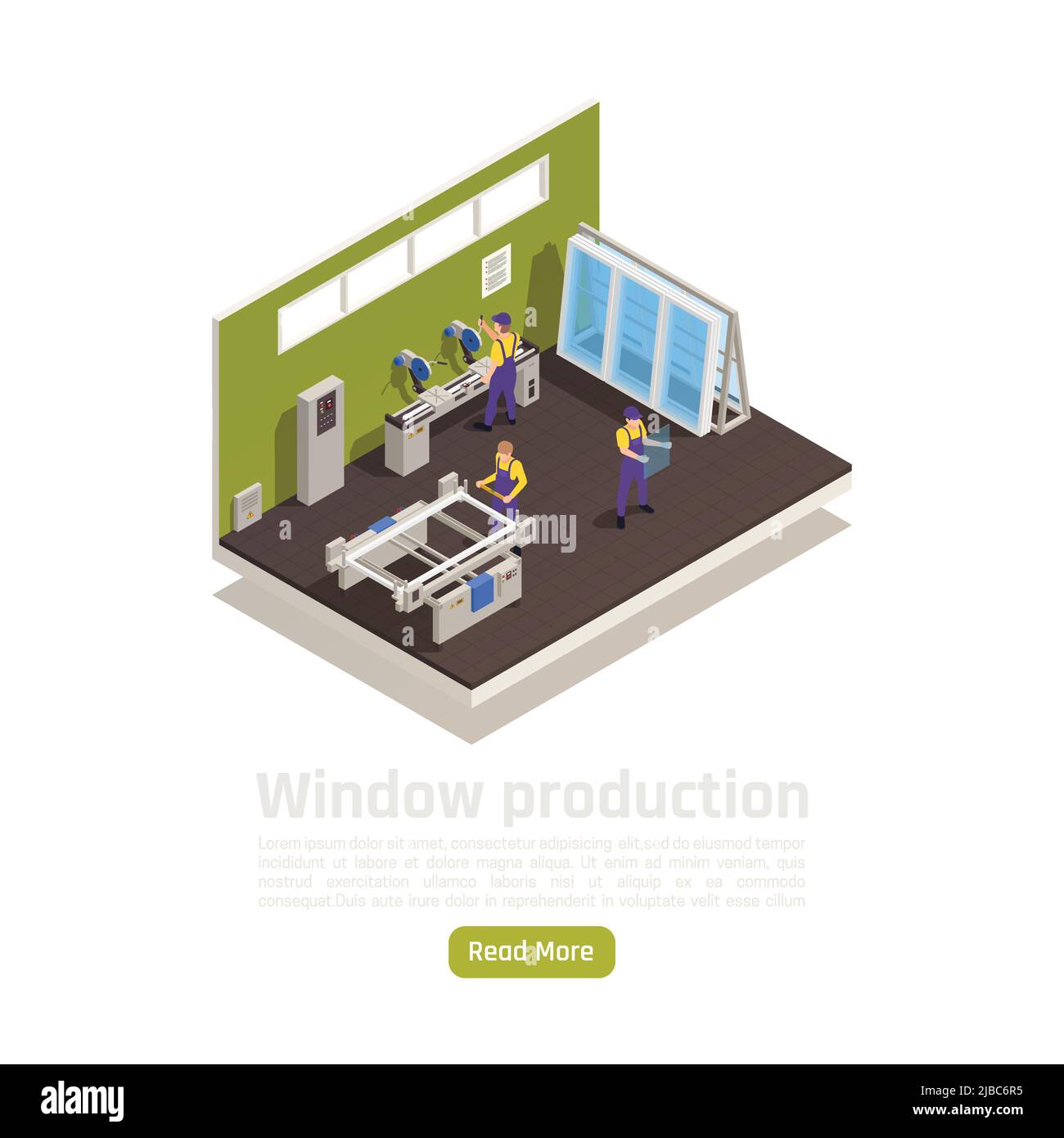 Plastic glass window production facility interior isometric composition