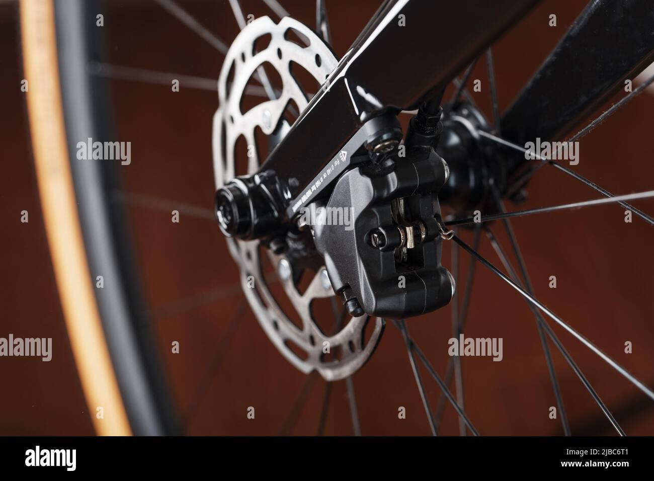 Bicycle Brake Rotor with Hydraulic Highway Braking System close-up Stock Photo