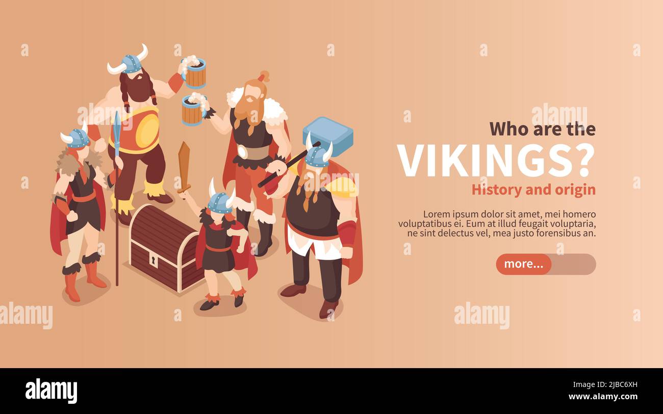 Isometric viking horizontal banner with editable text slider button and group of faceless ancient warrior characters vector illustration Stock Vector