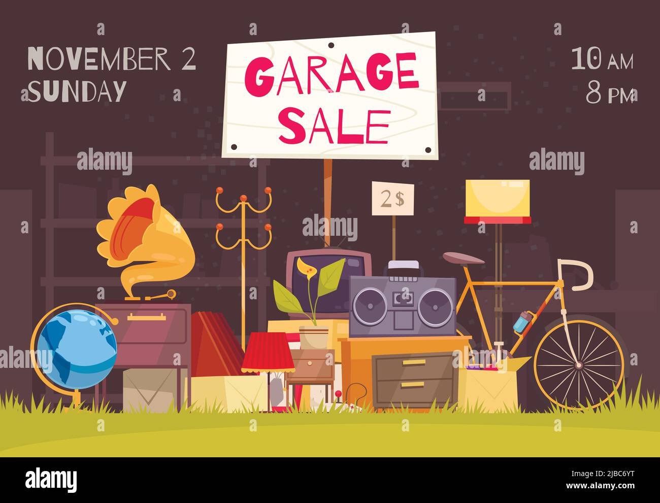 Garage sale poster with date and time symbols flat vector illustration