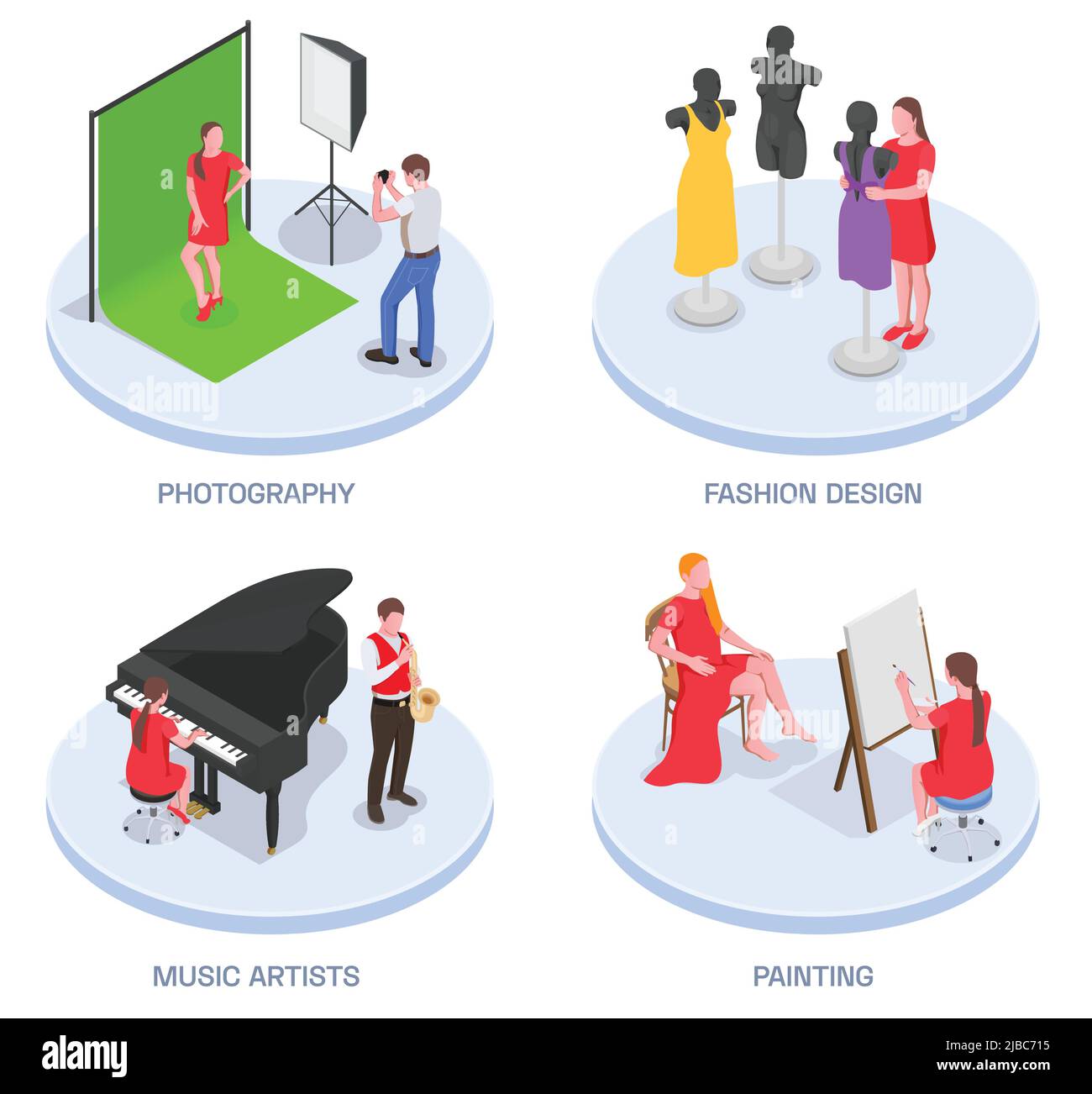 Creative people professions artist isometric set of four compositions with human characters on circle platforms and text vector illustration Stock Vector