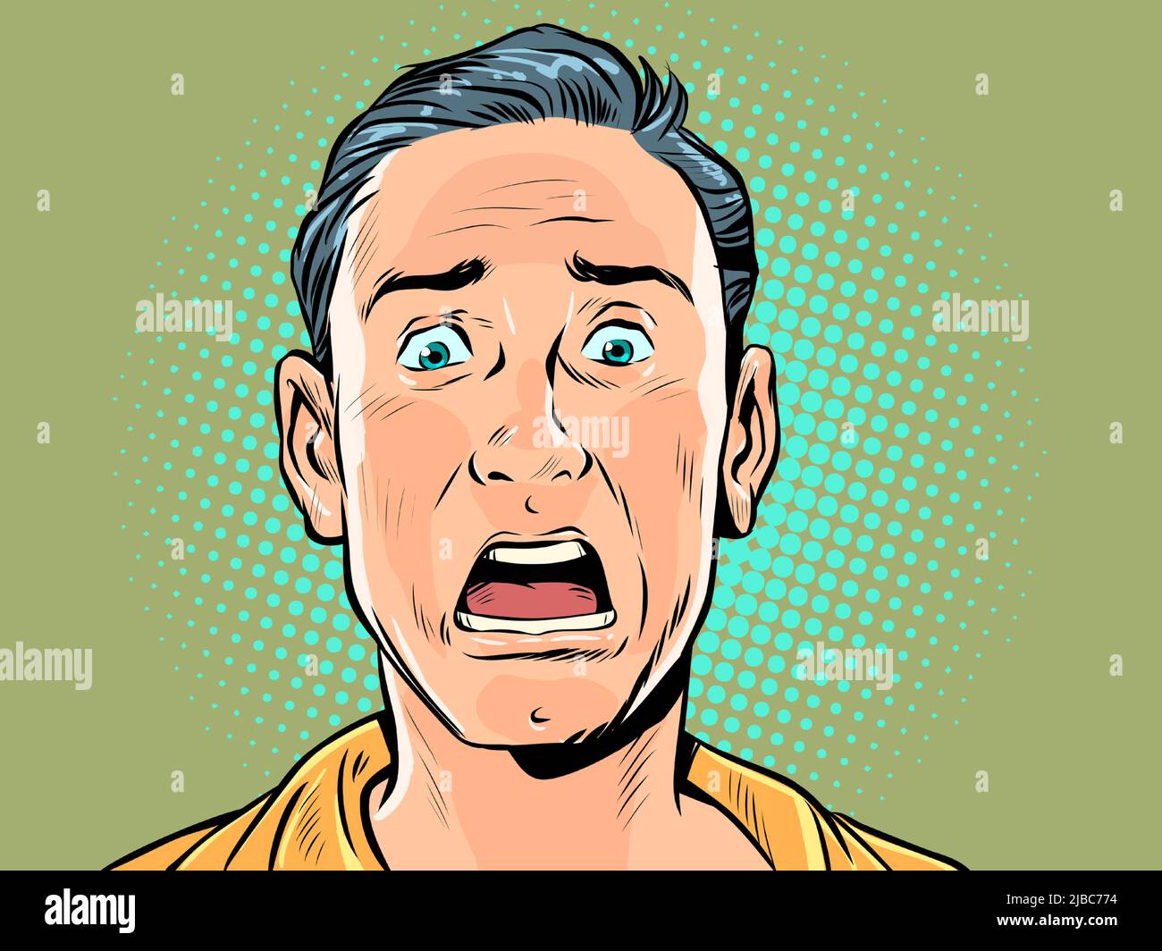 male face fright emotion, fear anxiety news danger surprise. Pop art retro vector illustration kitsch vintage 50s 60s style Stock Vector