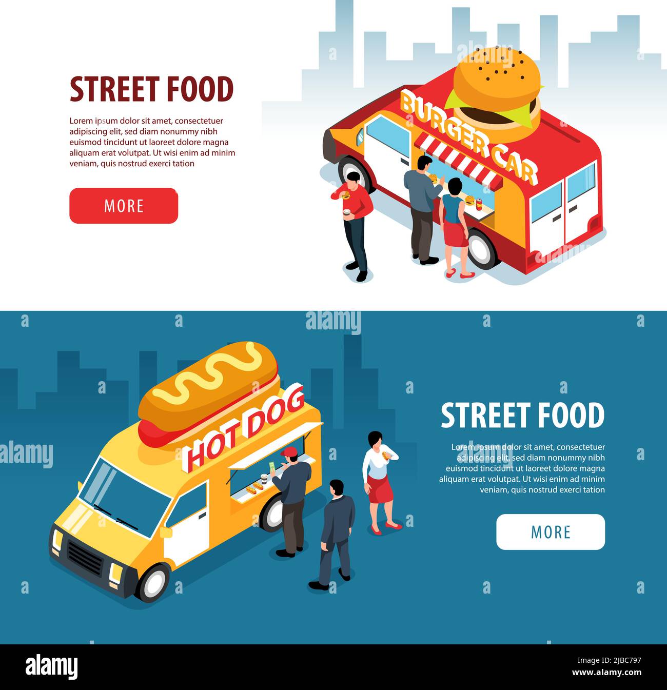 Isometric street food banners set with cityscape backgrounds human characters and food truck vans with text vector illustration Stock Vector