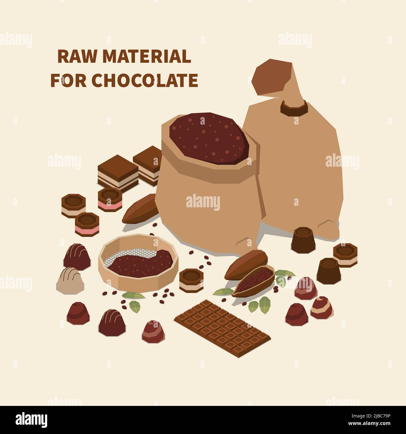 Chocolate isomeric background with cacao beans and raw materials 