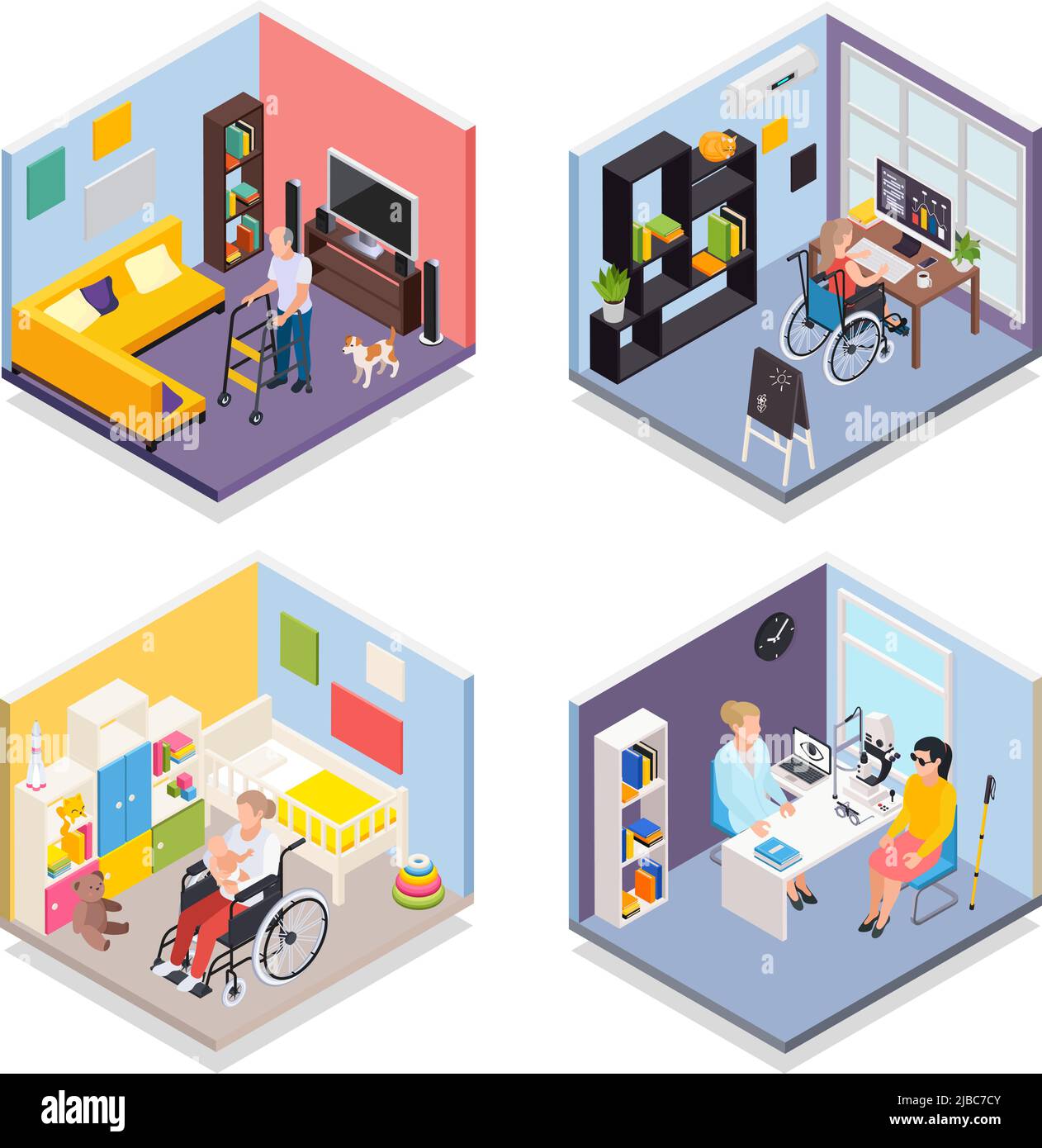 Young and elderly disabled people at home and hospital 2x2 isometric design concept 3d isolated vector illustration Stock Vector