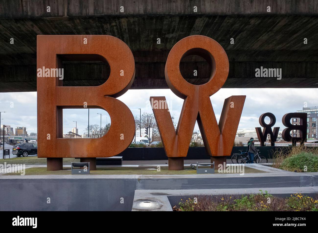 Bow sculpture sign in East London Stock Photo