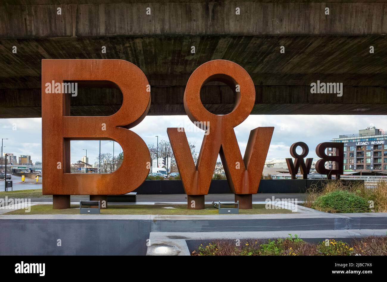Bow sculpture sign in East London Stock Photo Alamy