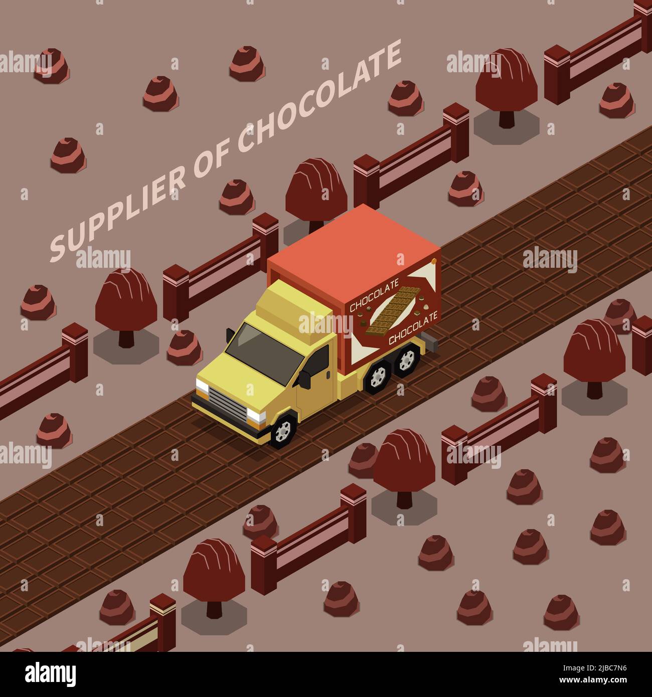 Supplier of chocolate abstract background with delivery truck traveling at chocolate road isomeric vector illustration Stock Vector