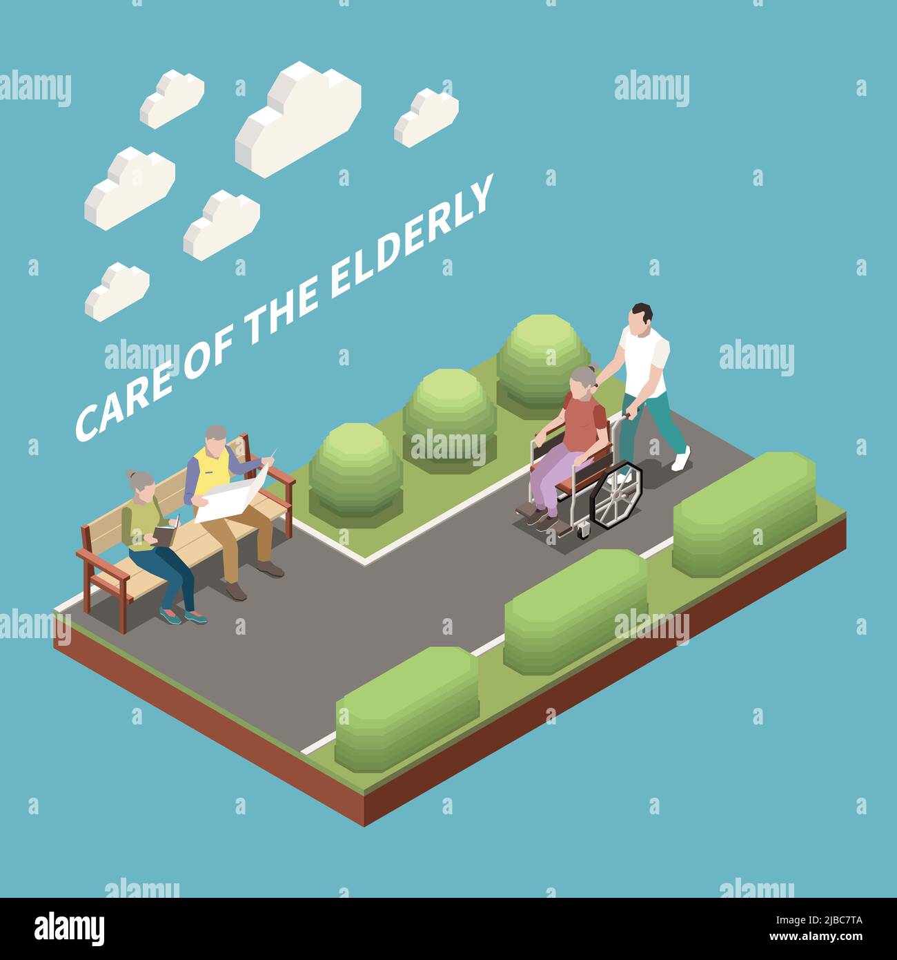 Care of elderly isometric background with people reading newspaper   and assistant carrying wheelchair with disabled person vector illustration Stock Vector