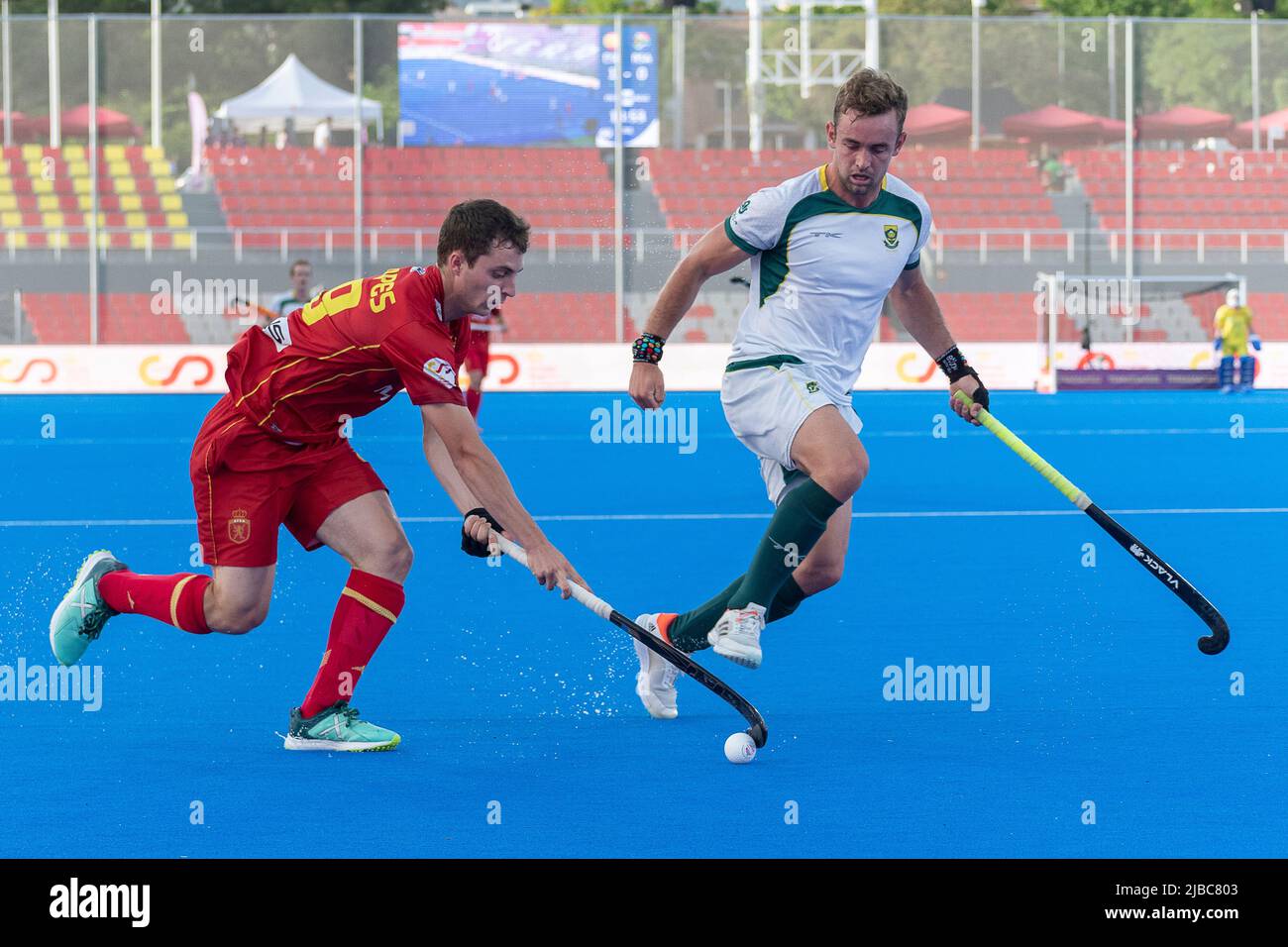 Gerard Clapes of Spain and Daniel Bell of South Africa during the FIH Pro League match between Spain and South Africa played at Olimpic de Terrassa Stadium on June 4, 2022 in Terassa, Spain. (Photo by Laura Barbany / PRESSINPHOTO) Stock Photo