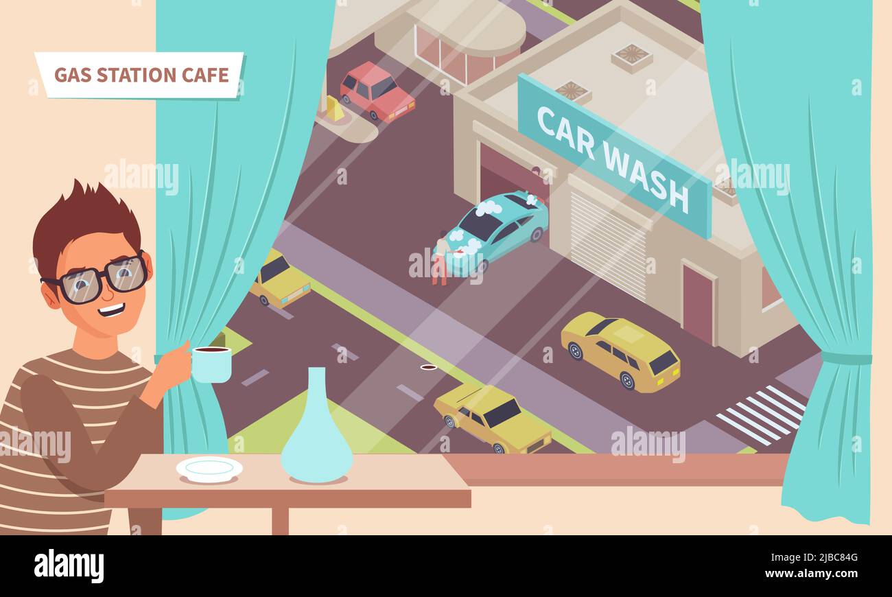 Man drinking coffee at gas station cafe with window looking out over