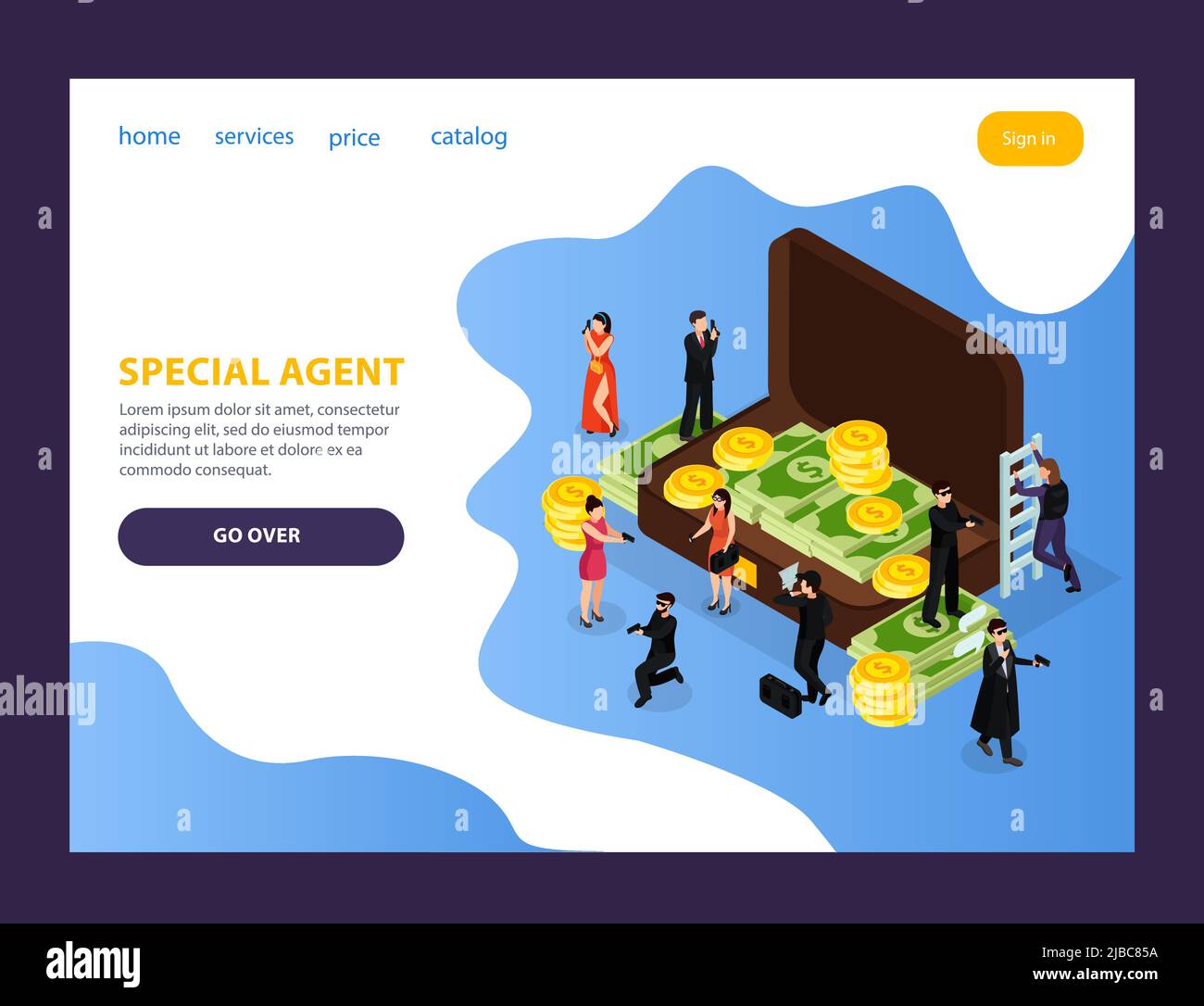 Special agent spy isometric web site page with clickable links buttons and editable text with images vector illustration Stock Vector