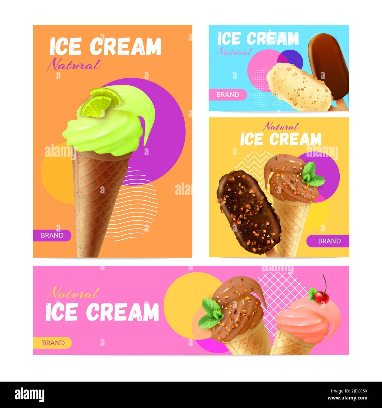 Ice cream colorful banners set with eskimo pies and waffle cones filled