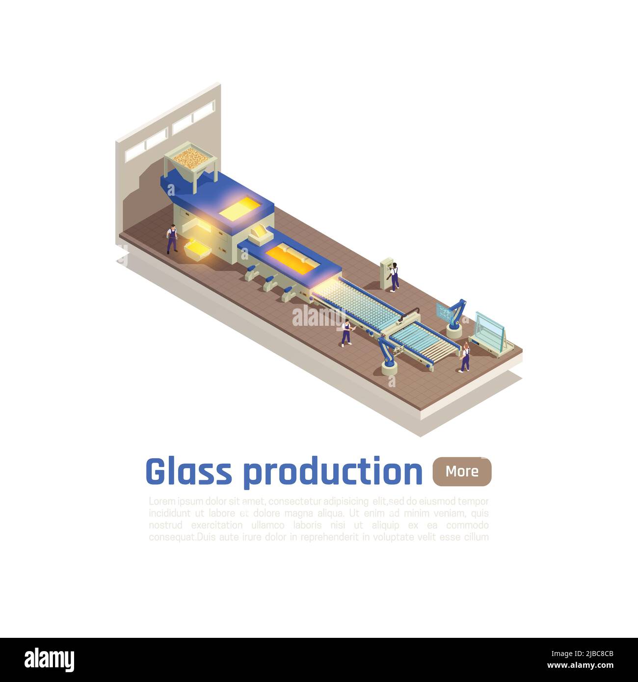 Flat glass sheets production line isometric composition with furnace floating molted glass on metal bed vector illustration Stock Vector