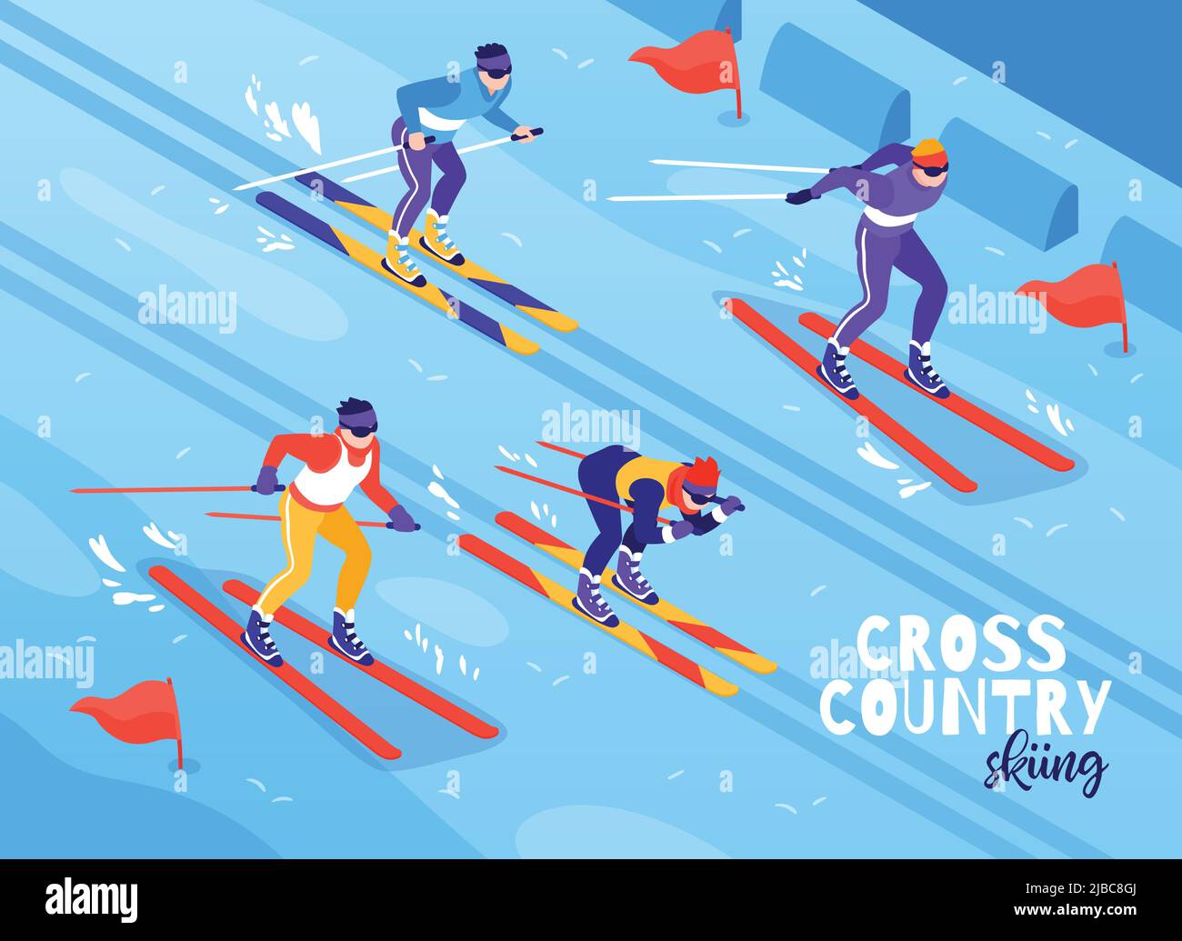 Skiing winter outdoor sport race contestants isometric composition with