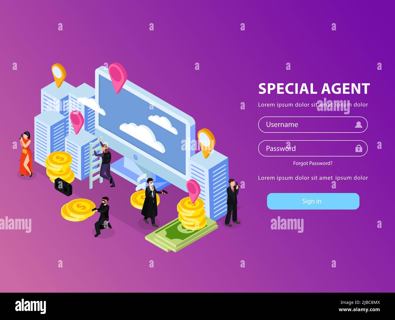 Special agent spy isometric background with fields for signing in and computer with coins and buildings vector illustration Stock Vector