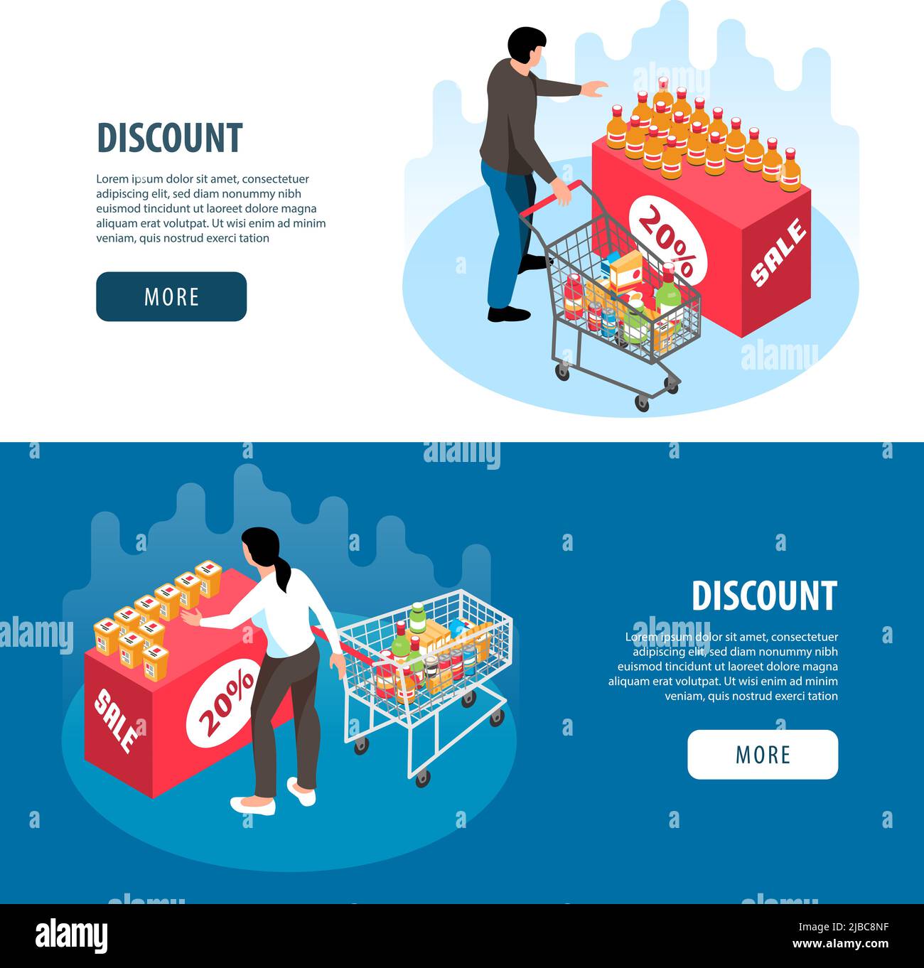 Horizontal isometric banners set with people buying products at