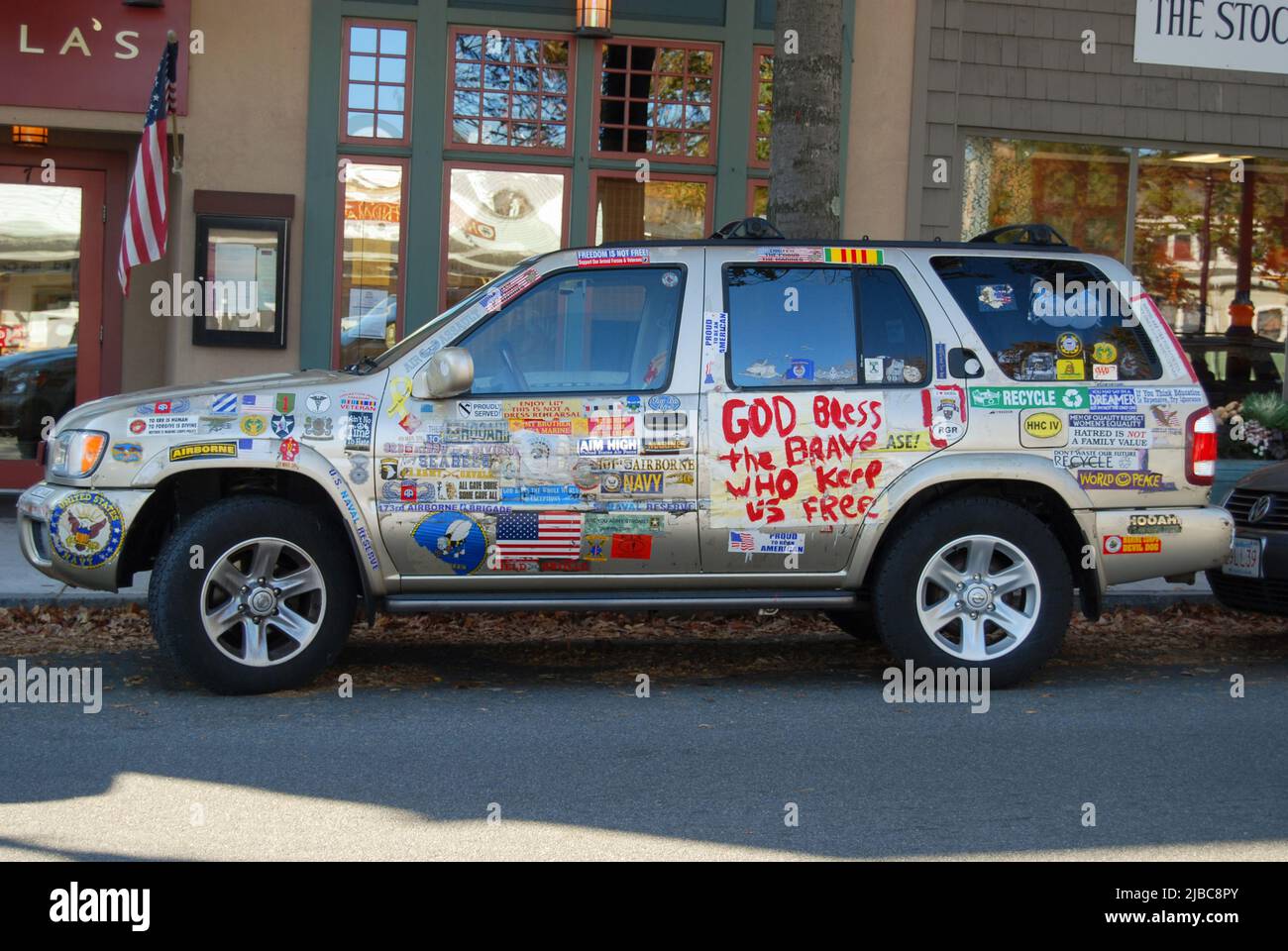 A Van that's almost completely covered with messages of support for our troops. In Manchester by the Sea, Massachusetts. Stock Photo