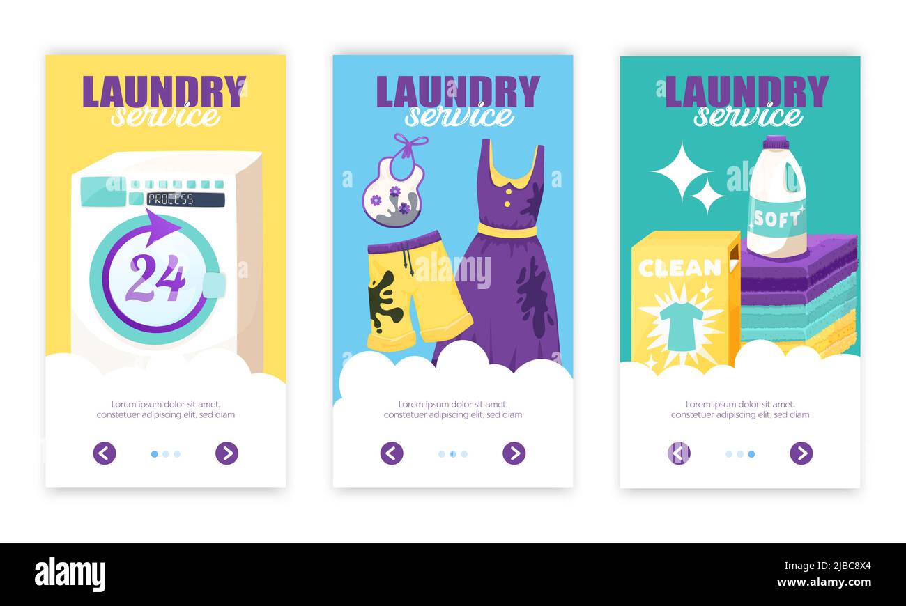 Set of three vertical laundry banners with arrow buttons ornate text