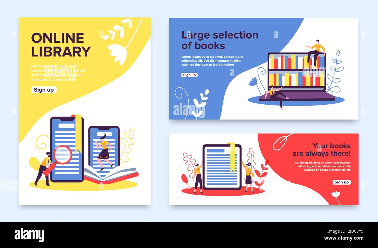 Online library banners set with sign up buttons editable text and images of bookshelves and gadgets vector illustration Stock Vector