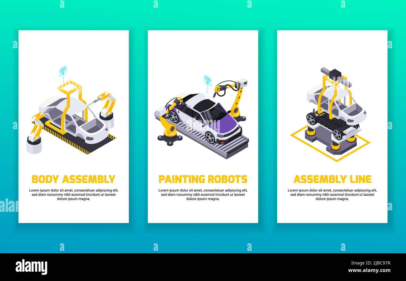 Electric vehicle production isometric vertical banners set with automated robotic arms assembly line and painting robots vector illustration Stock Vector