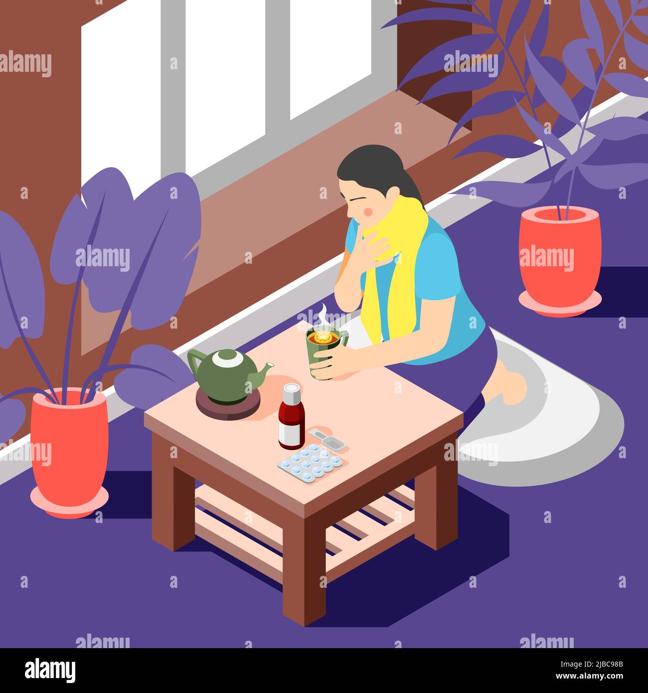 Cold flu treatment isometric composition with suffering from sore throat woman drinks hot tea background vector illustration Stock Vector