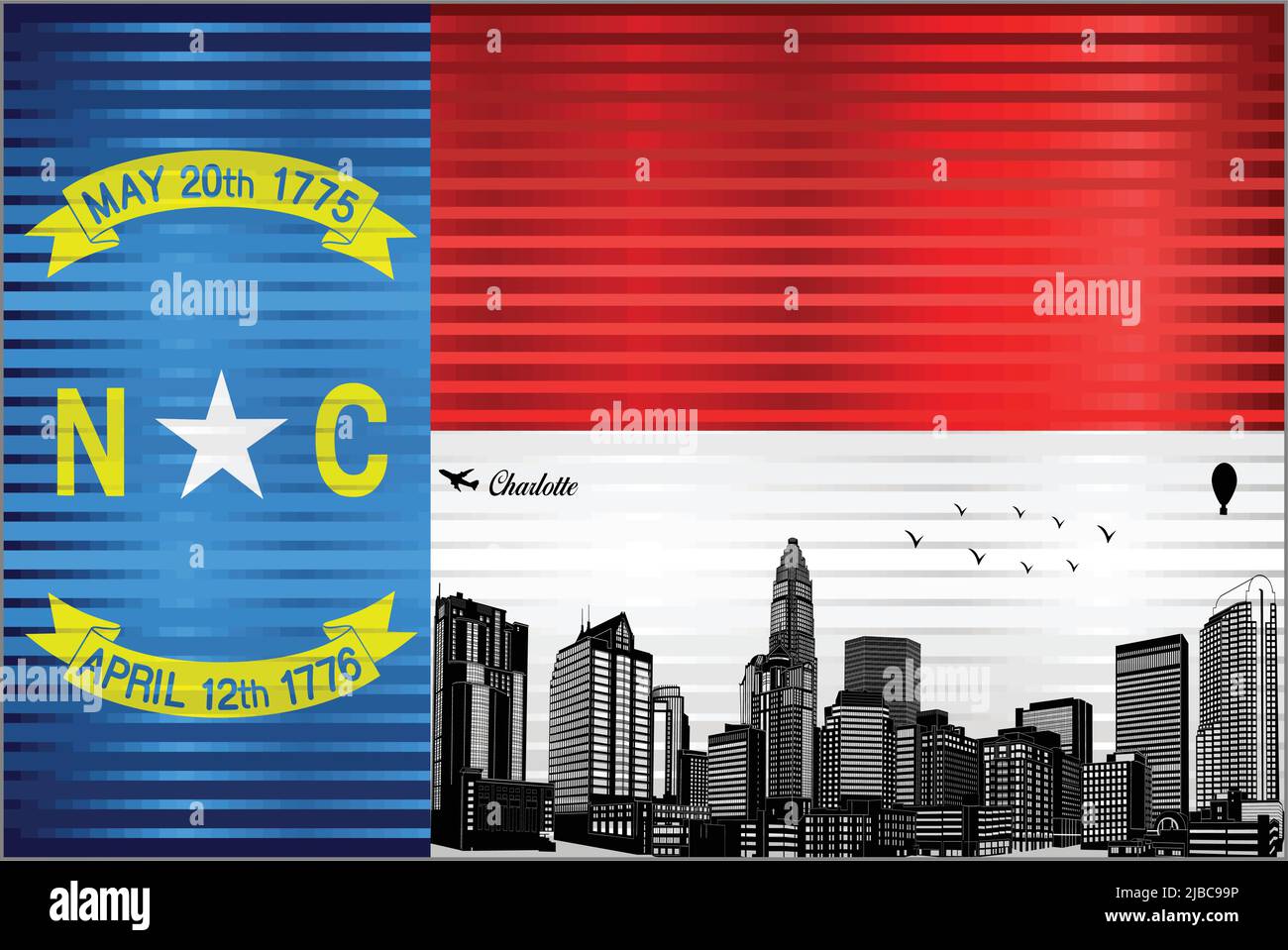 Charlotte city skyline with flag of North Carolina on background - illustration,  Shiny Grunge flag of the North Carolina Stock Vector