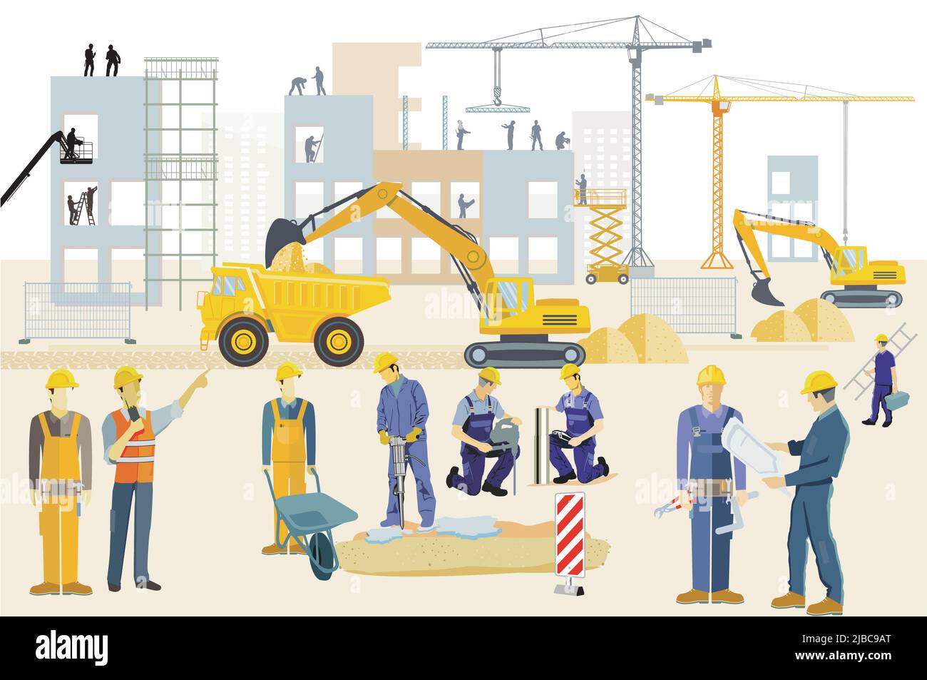 Construction site with excavators, construction machines and heavy trucks, illustration Stock Vector