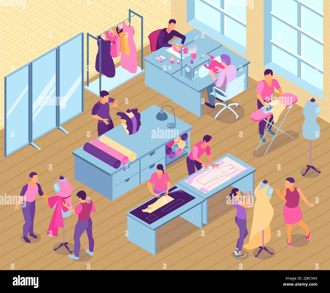 Isometric sewing studio illustration with seamstress and tailors work in the studio vector illustration Stock Vector