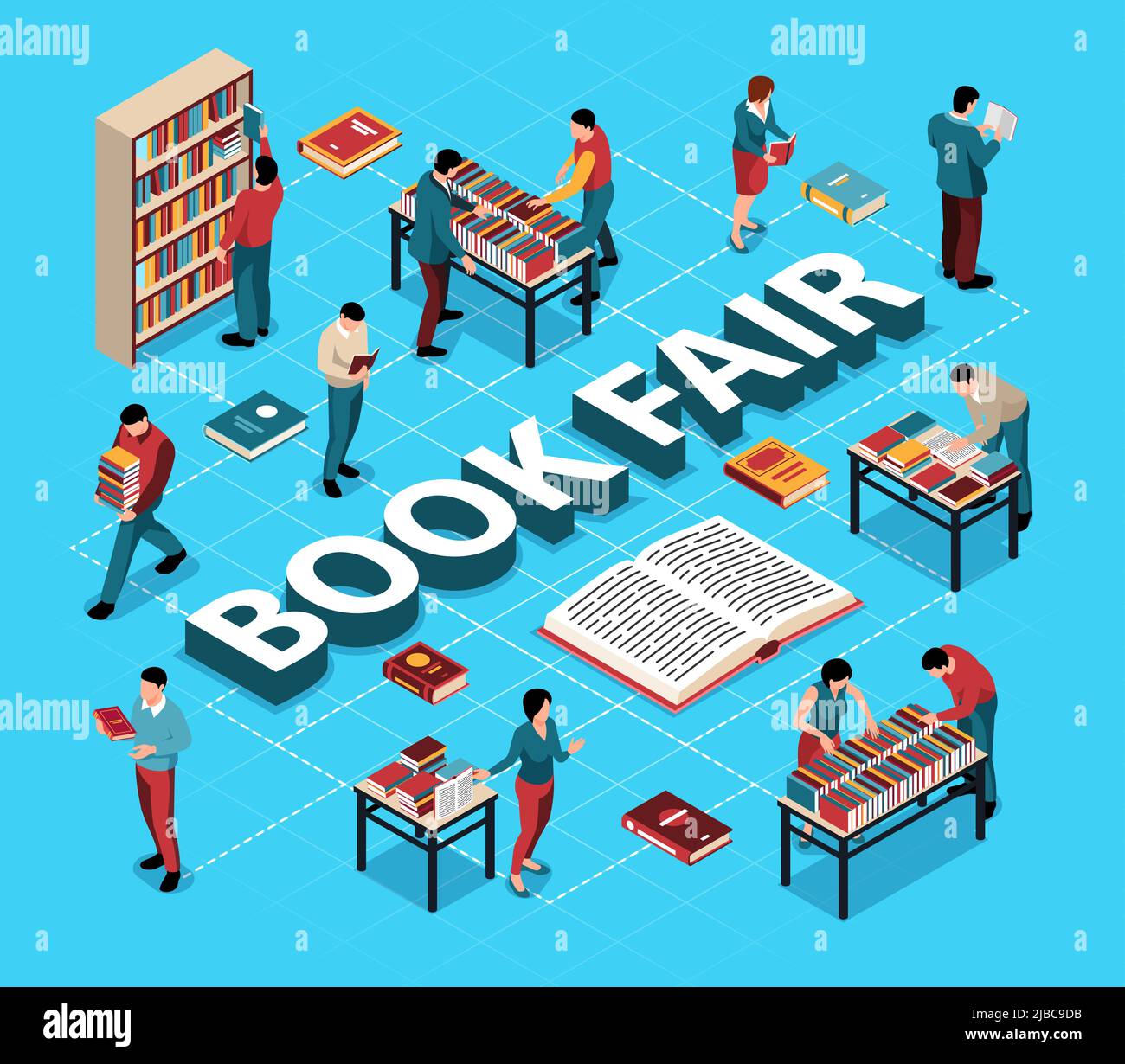 People choosing books at literature fair isometric flowchart on blue background 3d vector illustration Stock Vector
