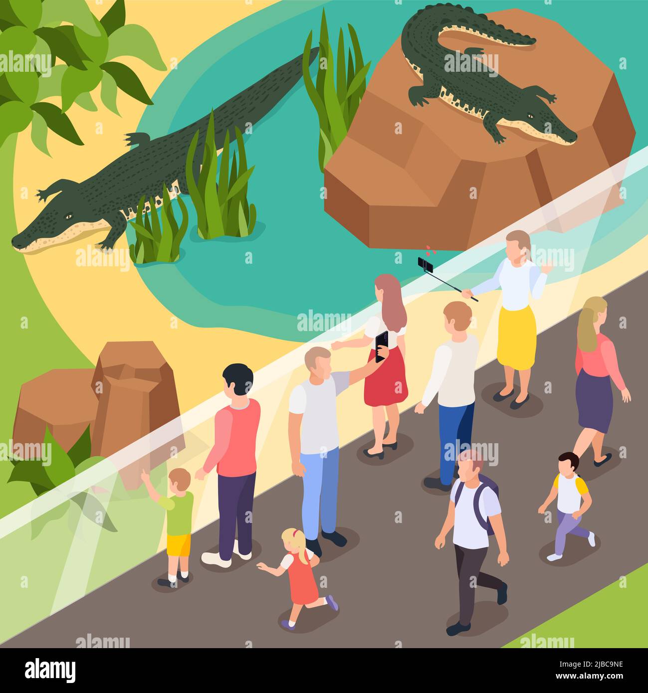 Exotic animals in zoo isometric composition with visitors making selfie with two crocodiles in pond vector illustration Stock Vector