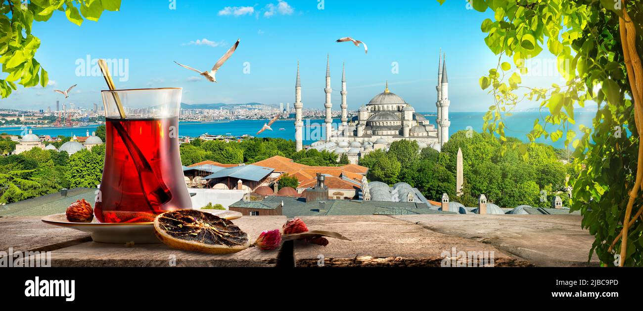 Tea and Blue Mosque and Bosphorus in Istanbul, Turkey Stock Photo