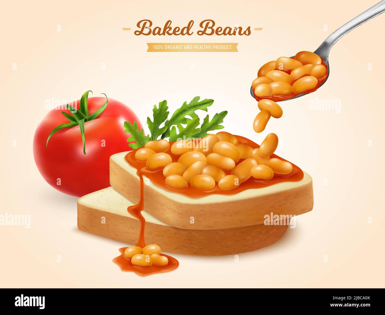 Backed beans in tomato sauce on bread slices realistic advertising composition with arugula sandwich isometric vector illustration Stock Vector