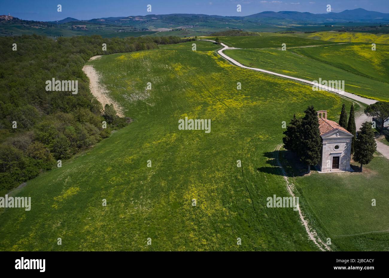 Aerial view on Capella di Vitaleta in Tuscany, Italy Stock Photo
